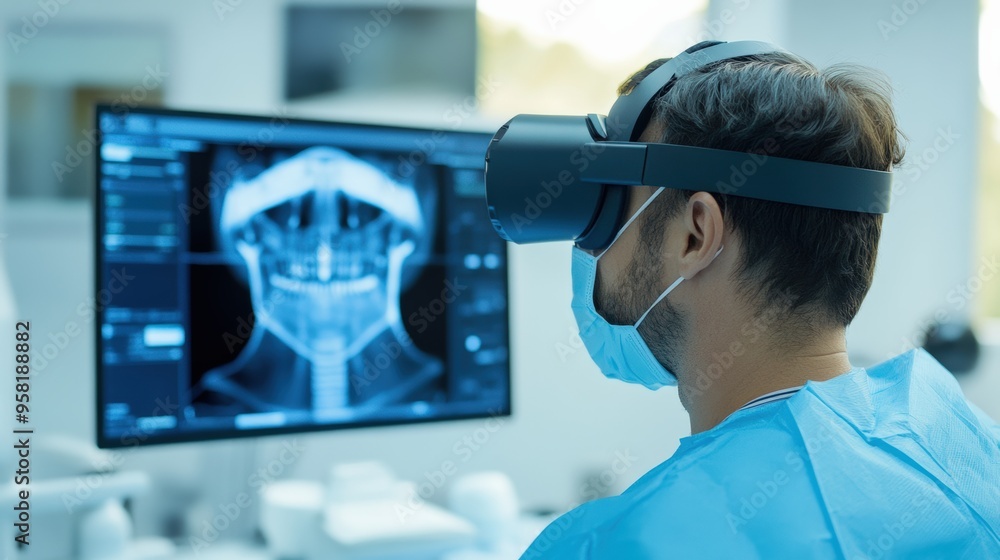 Surgeon uses virtual reality headset for medical imaging and patient diagnostics in a modern healthcare setting. Surgeon uses virtual reality headset for medical imaging and patient diagnostics in a modern healthcare setting.