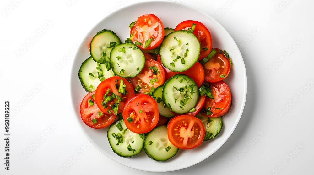 Fresh tomato and cucumber salad with chopped herbs in a white bowl on white background Fresh tomato and cucumber salad with chopped herbs in a white bowl on white background