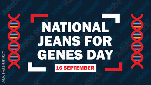 National Jeans for Genes Day vector banner design with geometric shapes and vibrant colors on a horizontal background.