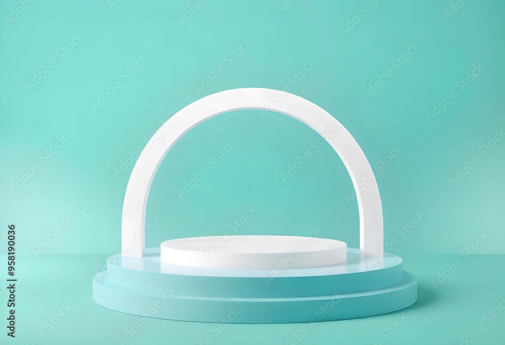 A white circular pedestal with a golden arch frame podium mockup on blue background A white circular pedestal with a golden arch frame podium mockup on blue background