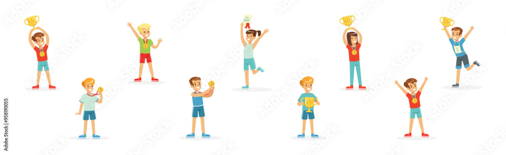 Happy Boy and Girl Winner with Golden Cup and Medal Award Vector Set Happy Boy and Girl Winner with Golden Cup and Medal Award Vector Set