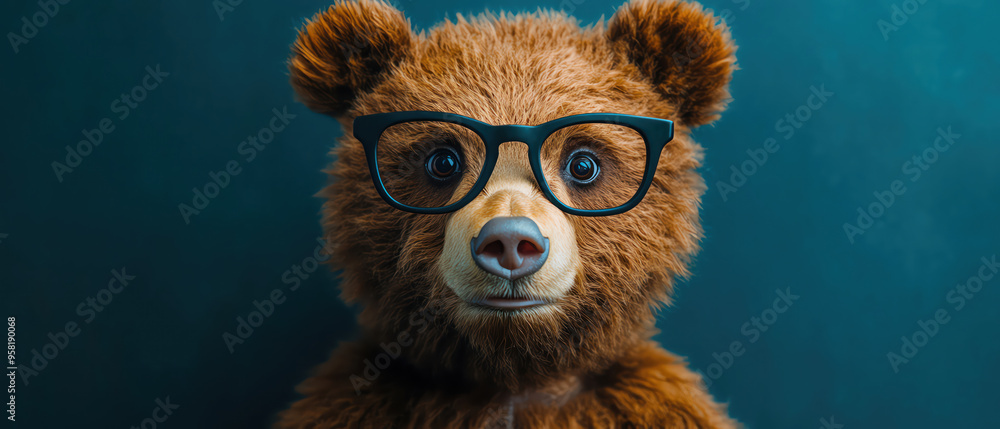Fototapeta premium A bear wearing glasses, blue background.