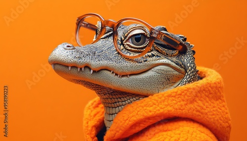 Alligator in glasses and an orange coat, posing against a vibrant orange background photo