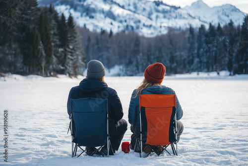 Two people sitting on camping chairs in snowy landscape