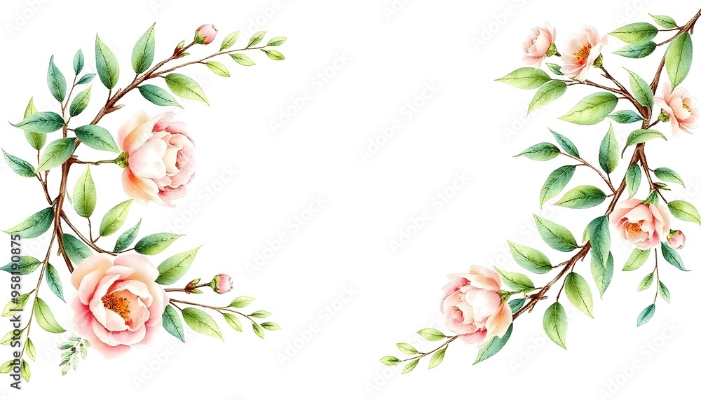 Obraz premium Pink roses, green leaves, and small white flowers arranged in a border frame around a blank white background