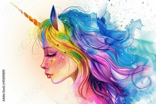 Watercolor illustration of a beautiful unicorn girl with colorful rainbow hair