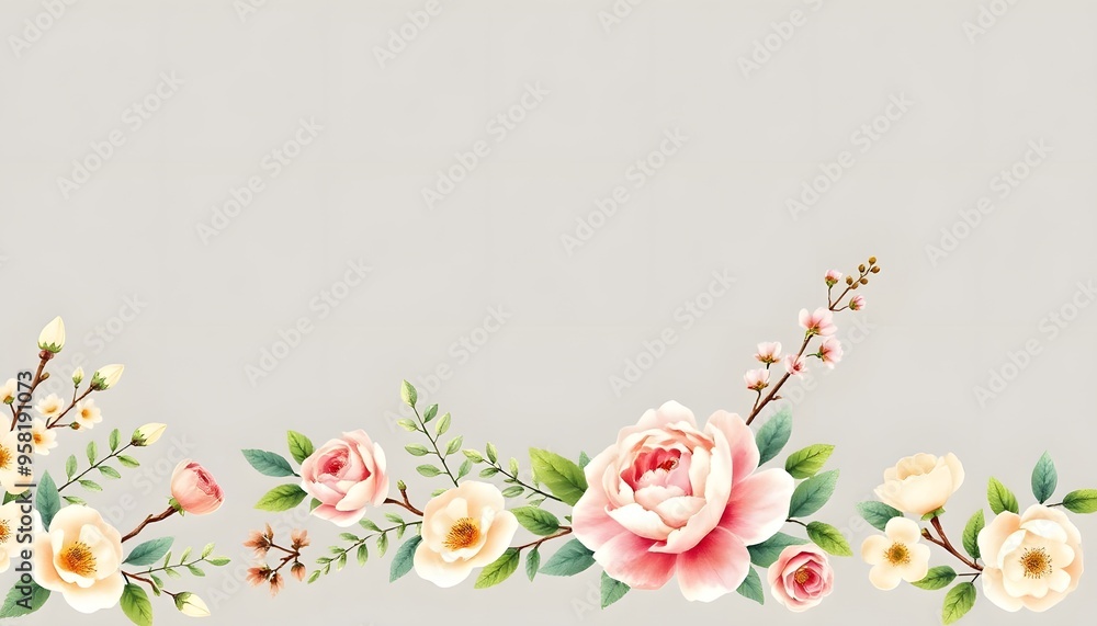 Pink roses, green leaves, and small white flowers arranged in a border frame around a blank white background Pink roses, green leaves, and small white flowers arranged in a border frame around a blank white background