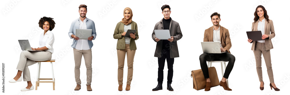 Business people using digital device png cut out element set Business people using digital device png cut out element set