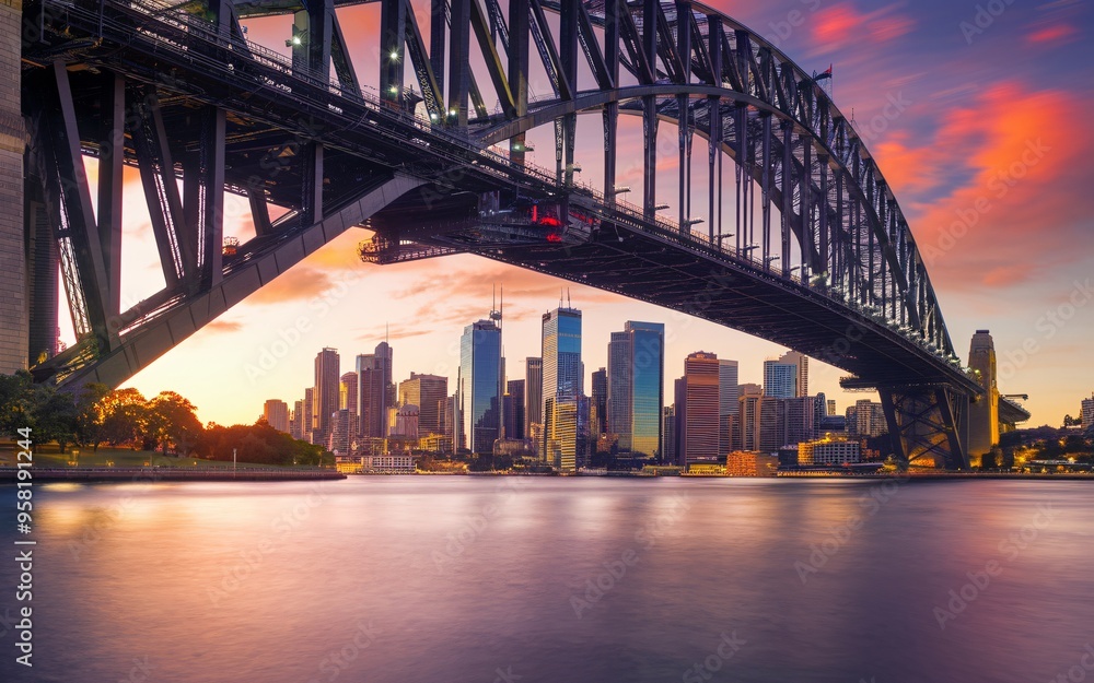 Fototapeta premium Sydney Harbour Bridge with City Skyline Sunrise Background