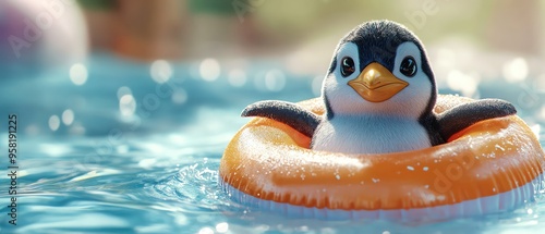 Penguin floating in a pool with a donutshaped float, looking relaxed, bright and fun scene photo