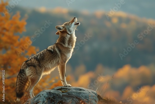 Coyotes howling at the moon in an autumn landscape, wild and atmospheric, Autumn animals, coyote howl photo