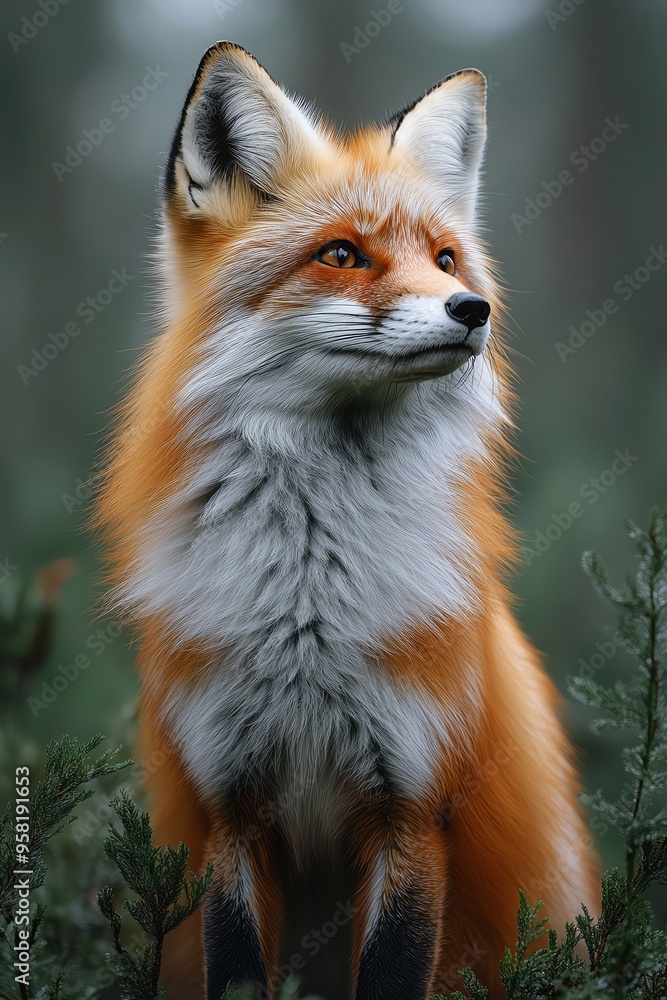 Fototapeta premium Red fox in a lush green forest, morning light, peaceful setting, attentive posture, rich colors