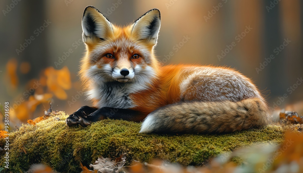 Obraz premium Red fox resting on a mossy log, forest background, natural light, relaxed pose, serene atmosphere