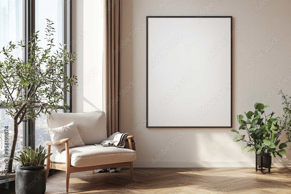 Poster Frame in Beige minimalist living room interior created with generative AI Poster Frame in Beige minimalist living room interior created with generative AI