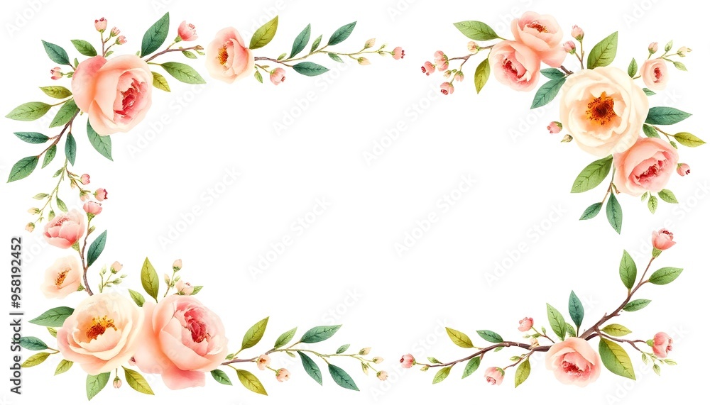 Pink roses, green leaves, and small white flowers arranged in a border frame around a blank white background Pink roses, green leaves, and small white flowers arranged in a border frame around a blank white background