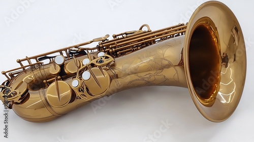 Saxophone golden brass finish intricate keywork and curved bell photo