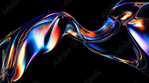 Close up shot of rainbow colored holographic liquid metal on black background, showing abstract distorted futuristic fluid organic shapes, design material