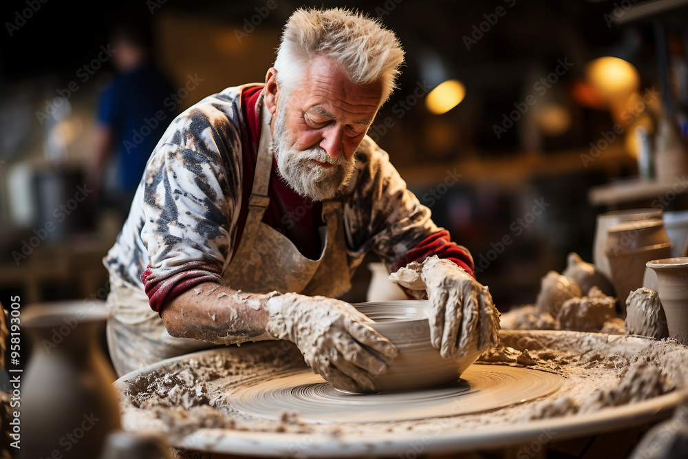 Generative AI realistic photo in pottery workshop artist shop owner working with clay hobby Generative AI realistic photo in pottery workshop artist shop owner working with clay hobby