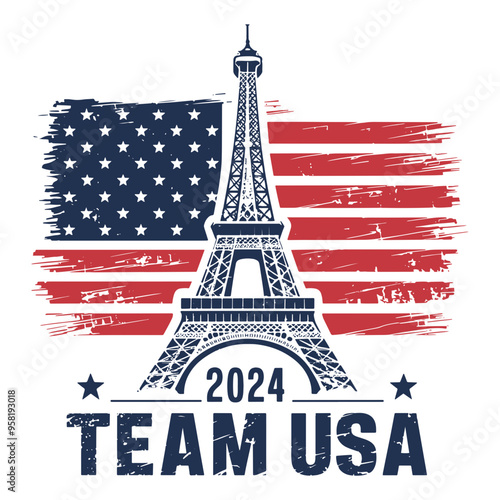 Team USA 2024 Vintage Logo Retro Paris Eiffel Tower Design SVG