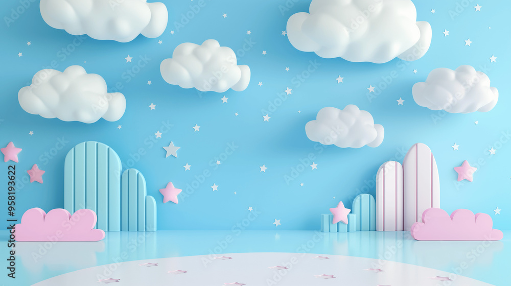 Playful pastel scene with clouds and stars in a whimsical setting. Empty copy space for kids products Playful pastel scene with clouds and stars in a whimsical setting. Empty copy space for kids products