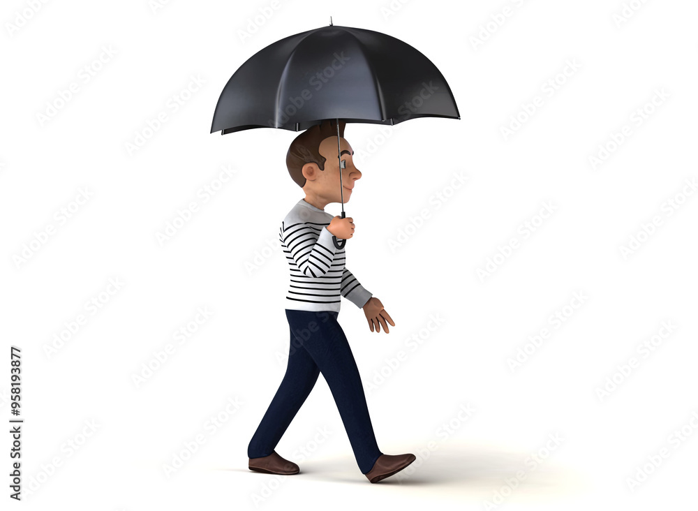 Fun 3D cartoon character walking with an umbrella Fun 3D cartoon character walking with an umbrella