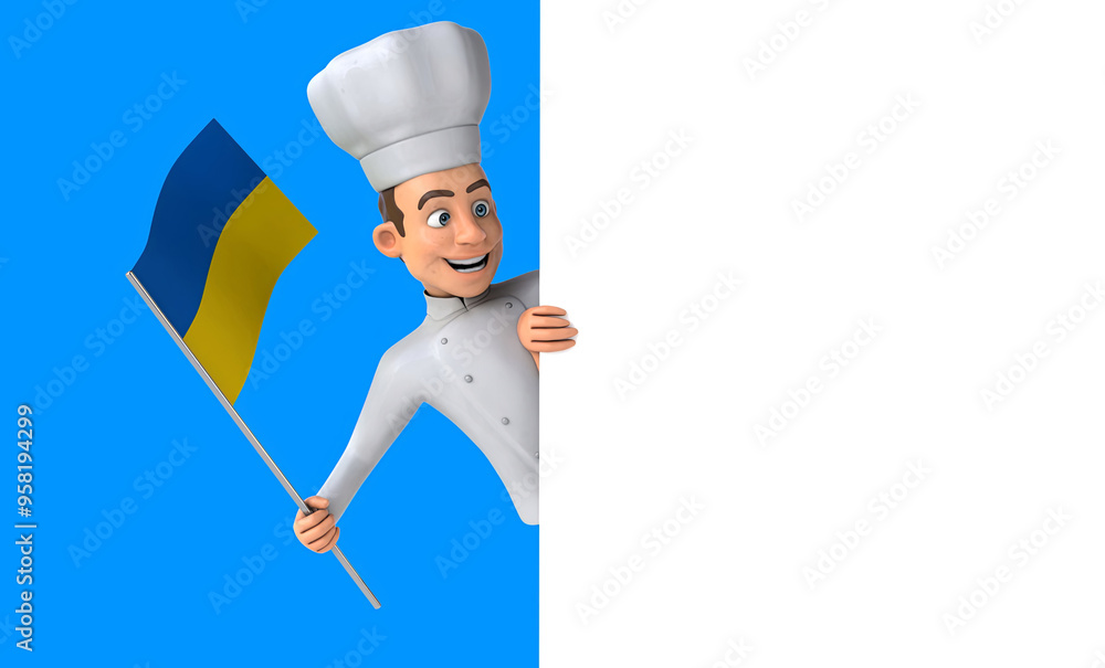 Fun 3D cartoon chef with a flag from ukraine Fun 3D cartoon chef with a flag from ukraine