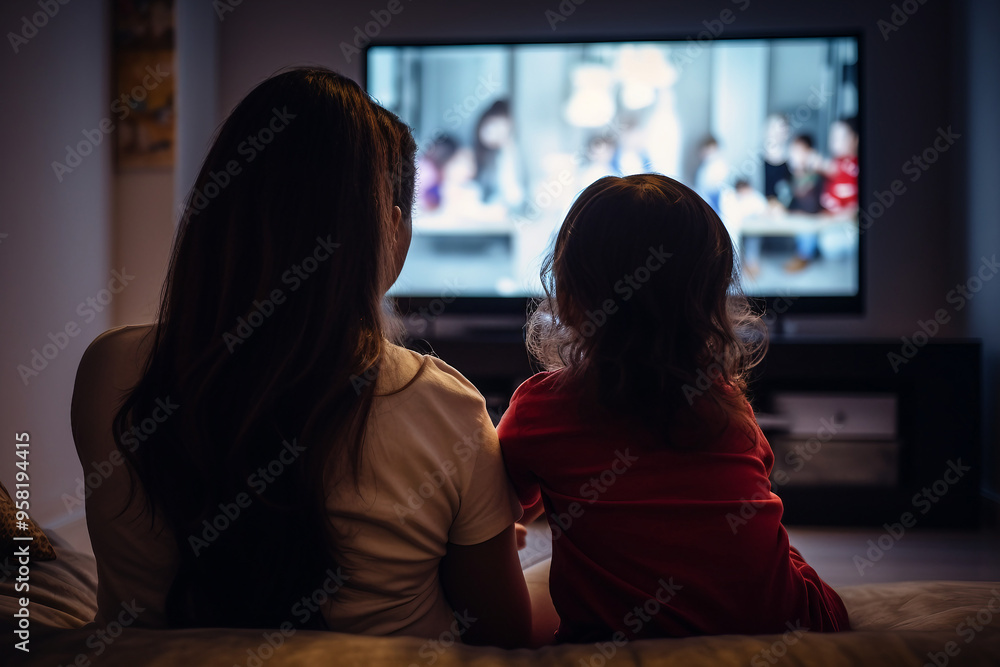 AI generated rear view photo of happy mommy and child watching movie indoors