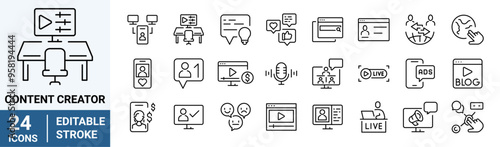 Set Content Creator line web icons, media. Linear icon collection. Editable stroke. Vector illustration