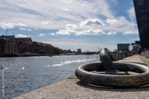 Canvas Print Rustic Dockside with Cityscape in Background