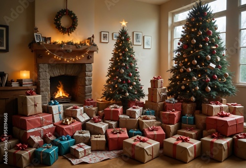 A Christmas tree surrounded by gifts, with beautifully wrapped presents of various sizes placed underneath. The camera angle is low and wide, focusing on the gifts with the tree towering above. A slig photo