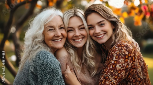 three generations of women embracing and smiling in heartwarming family portrait photo