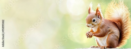  A red squirrel atop a tree stump, front paws rested on hind legs, gazes at the camera photo