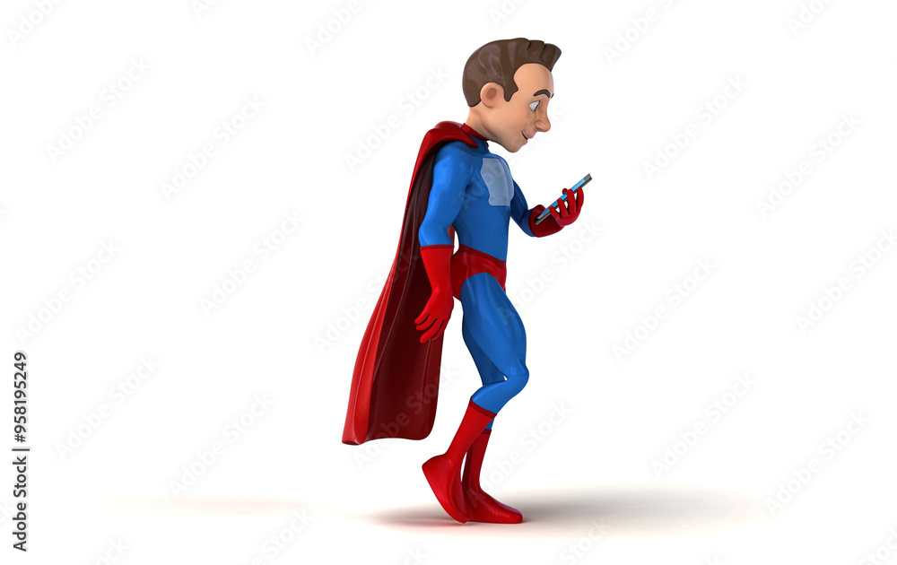 Fun 3D cartoon superhero walking with a smartphone Fun 3D cartoon superhero walking with a smartphone