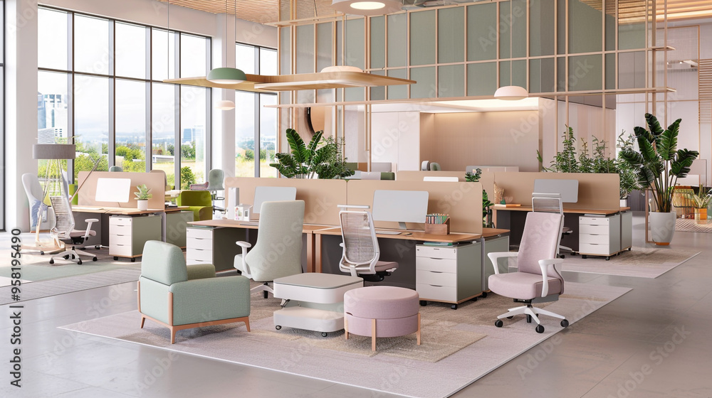 Fototapeta premium The Beti office furniture system, viewed from a bird's-eye perspective, features muted and subtle tones. 