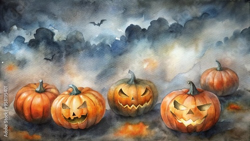 Spooky carved pumpkins with bats in Halloween atmosphere with copy space