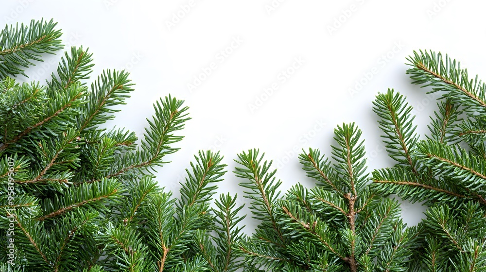 Minimalist Green Branches on White Background: Simple green Christmas tree branches against a clean white background, ideal for a modern holiday design. Minimalist Green Branches on White Background: Simple green Christmas tree branches against a clean white background, ideal for a modern holiday design.