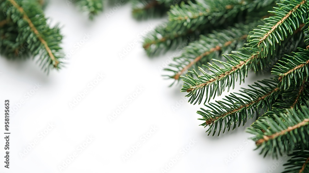 Minimalist Green Branches on White Background: Simple green Christmas tree branches against a clean white background, ideal for a modern holiday design. Minimalist Green Branches on White Background: Simple green Christmas tree branches against a clean white background, ideal for a modern holiday design.