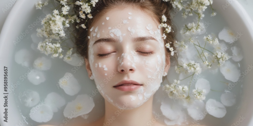 Serene portrait of young woman in bathtub surrounded by delicate Serene portrait of young woman in bathtub surrounded by delicate