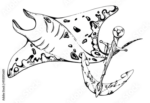 Stingray manta with anchor, Marine life, sea ocean underwater creatures animal, Ink and pen sketch hand drawn. Composition illustration, stylized, isolated on white. Shop, aquarium, cosmetics, resort
