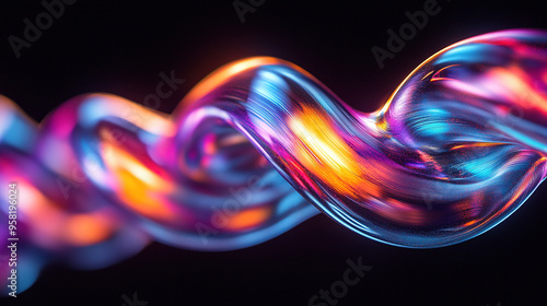 Close up shot of rainbow colored holographic liquid metal on black background, showing abstract distorted futuristic fluid organic shapes, design material