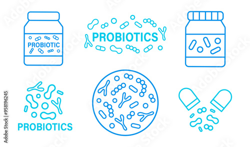 Probiotics capsules logo design outline icons set