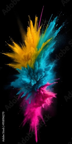 Colorful explosion of powdered pigment creating a vibrant burst against a black backdrop