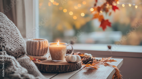 Fototapeta Naklejka Na Ścianę i Meble -  A cozy home scene with a sweater, a burning candle, and a warm cup of tea. Autumn decorations add to the inviting atmosphere. Perfect for Thanksgiving, Halloween, or any cozy fall or winter day.