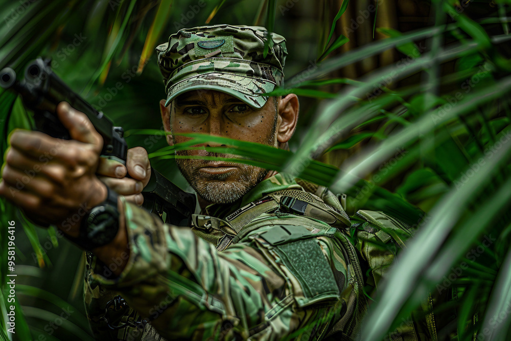 Obraz premium Generated with AI close up photo of soldier in full combat gear camouflage