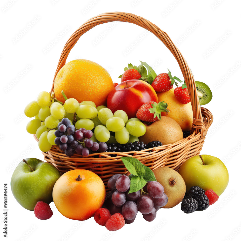 A Vibrant Array of Fruits in a Woven Basket Against a Crystal Clear Setting A Vibrant Array of Fruits in a Woven Basket Against a Crystal Clear Setting
