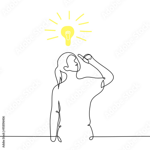 woman has an idea, she stands with her index finger up and an immaterial lamp is burning above her - one line art vector. concept idea, inspiration, brainstorming