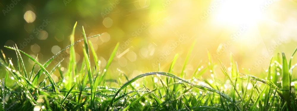 Fototapeta premium grass blades bathed in sunlight, foreground focus