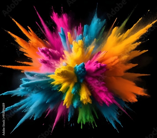 Colorful explosion of powdered pigment creating a vibrant burst against a black backdrop