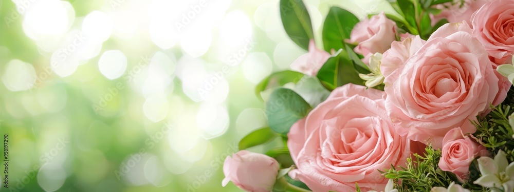pink roses atop a lush, green field of flowers pink roses atop a lush, green field of flowers