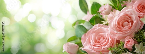 pink roses atop a lush, green field of flowers